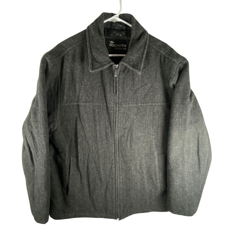 Dockers Premium Jacket Mens Large Gray Wool Quilted Full Zip Italian Fabric